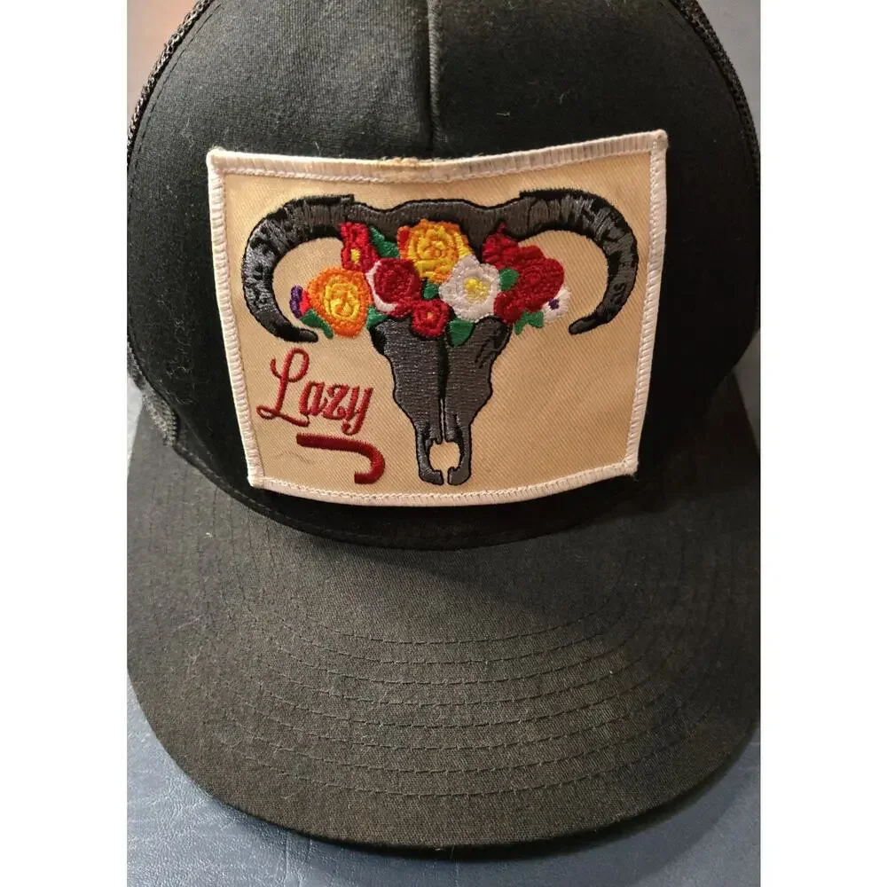 Lazy J Ranch Wear Yupoong Skull Flowers Graphics Black SnapBack Cap Hat Trucker
